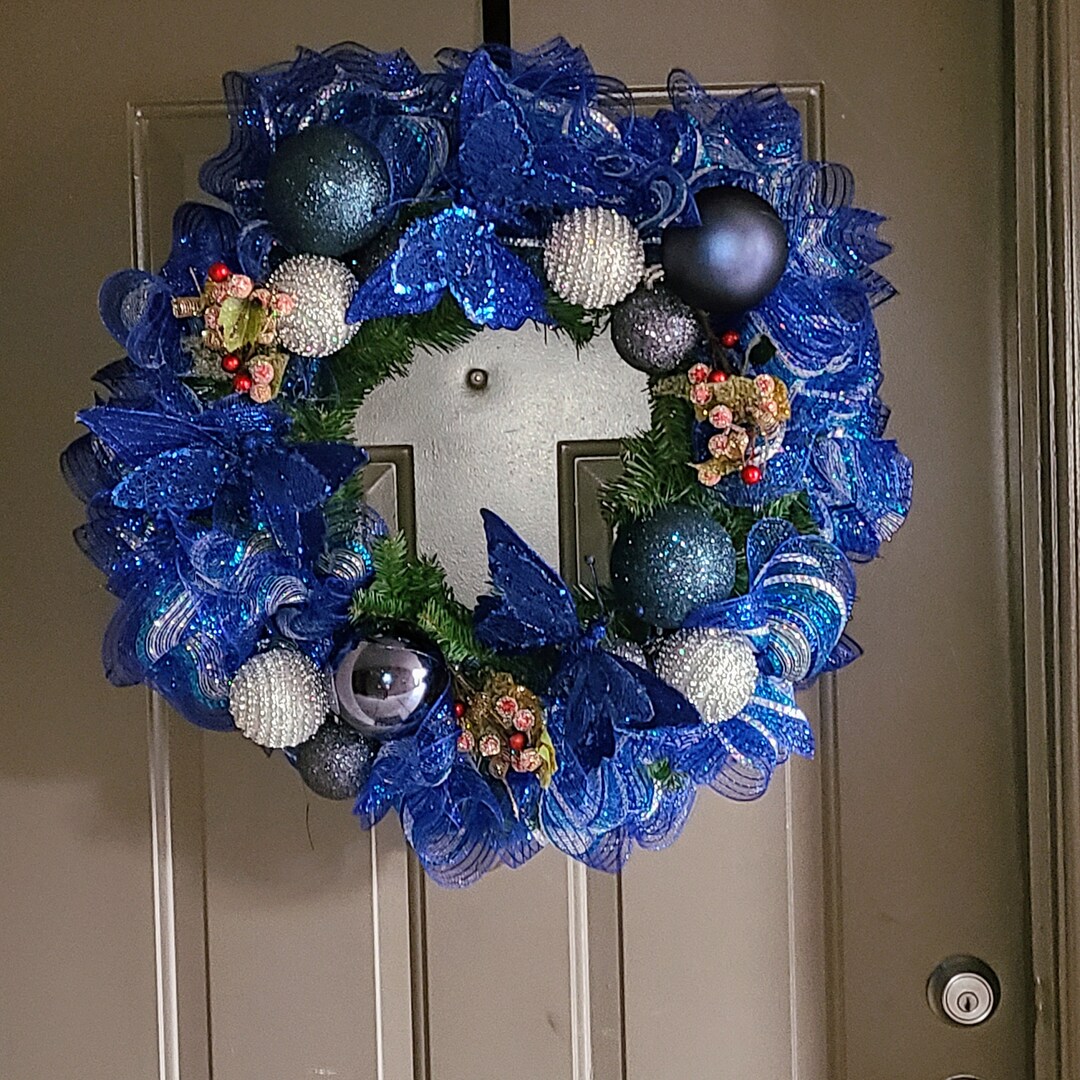 Blue Silver Christmas Wreath/ Christmas Decoration/ Elegant Wreath/ Deco Mesh/ Front Door Wreath