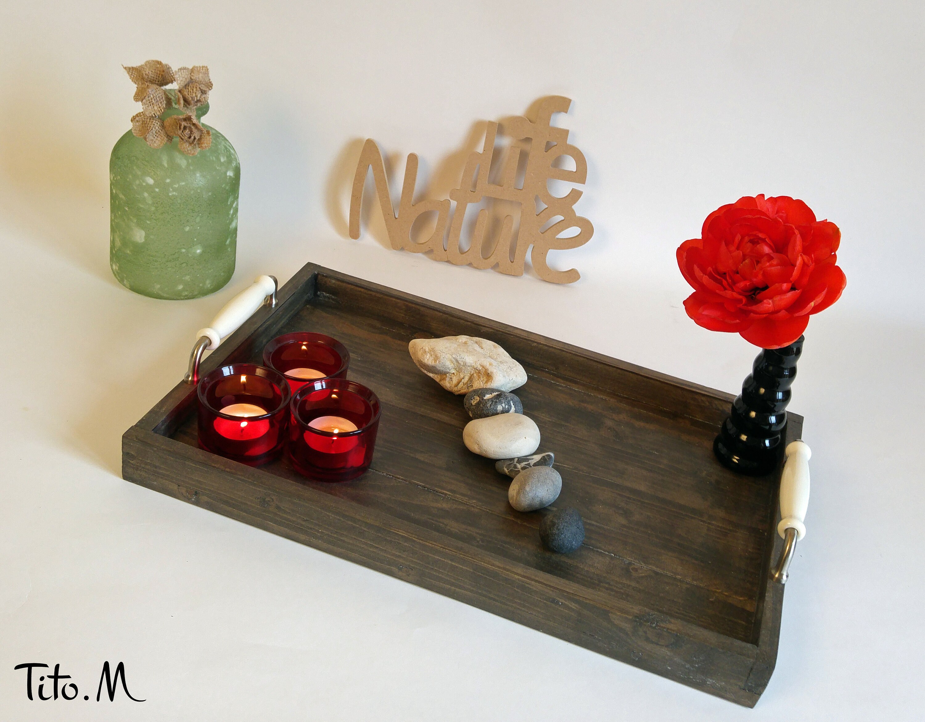 Le Classique - Plateau de Service en Bois Noir, Poignées Porcelaine. Personnalisable