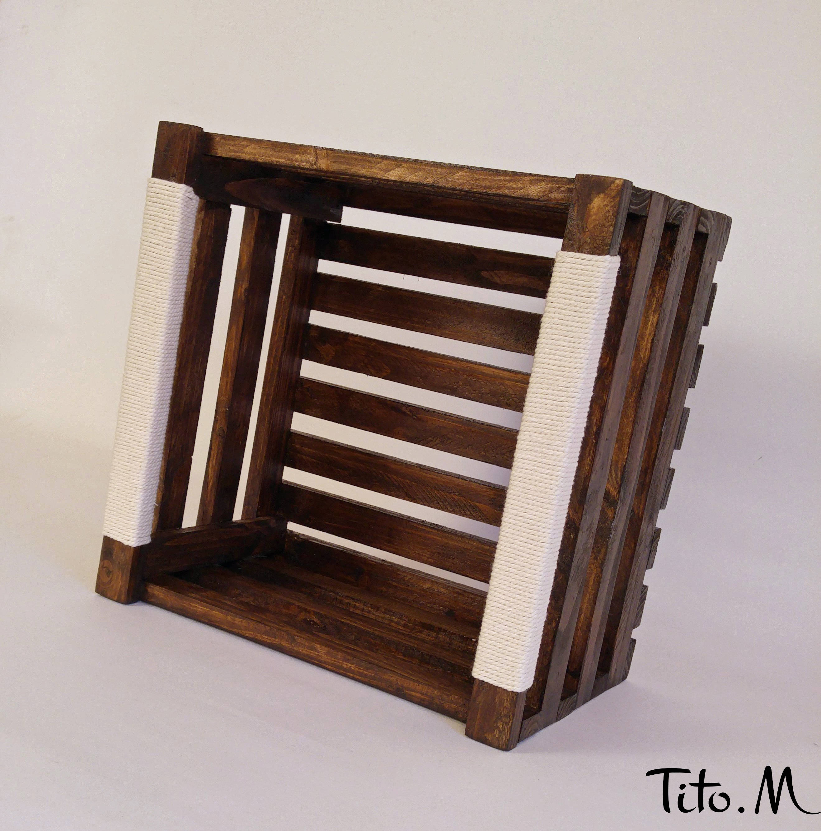 Caisse en Bois. Rangement Livres, Bibliothèque, Poignées 100% Coton - 30/30cm