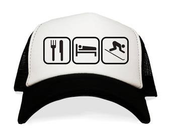 Ski Lover  Hat. Eat Sleep Ski. Mountain Boy. Ski Bum. Winter Snow Skiing. Baseball Cap for Him. Unique Christmas Present. Trucker Hat.