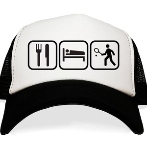 Tennis Lover  Hat. Tennis Player.  Eat Sleep Tennis. US Open. Wimbledon. Christmas Present. Modern Apparel. Black and White Mesh Hat.