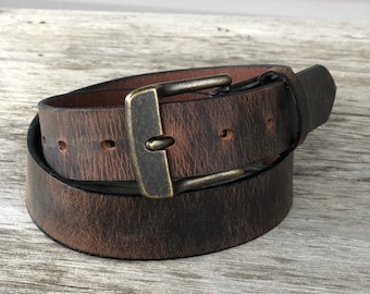 1.25" Crazy Horse Brown Belt, Distressed Leather, Handmade Belt, Unisex Leather Belt, Water Buffalo Leather