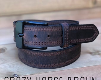 1.5" Double Stitched Leather Belts, Edged stitched leather belt, Unisex leather belt, Water Buffalo Leather