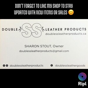 May include: Business card for Double SS Leather Products. The card features the company logo, website address, owner's name, email address, and social media handles.