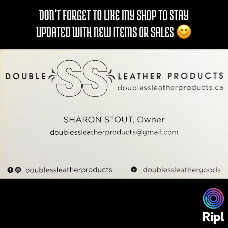 May include: Business card for Double SS Leather Products. The card features the company logo, website address, owner's name, email address, and social media handles.