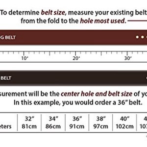 May include: A diagram showing how to measure a belt, featuring a brown existing belt and a dark brown new belt aligned with a ruler marked in inches. Text explains measuring from the fold to the most used hole, with a conversion chart for inches and cm.