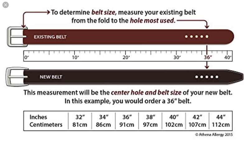 May include: A diagram showing how to measure a belt, featuring a brown existing belt and a dark brown new belt aligned with a ruler marked in inches. Text explains measuring from the fold to the most used hole, with a conversion chart for inches and cm.