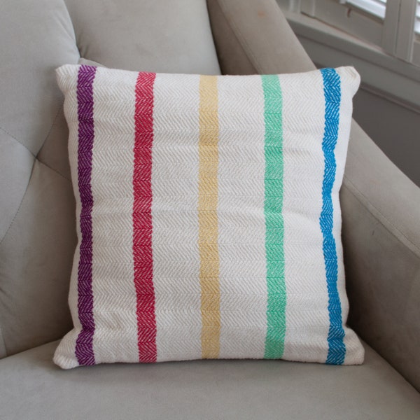 Handwoven rainbow striped pillow cover, decorative throw pillow cover