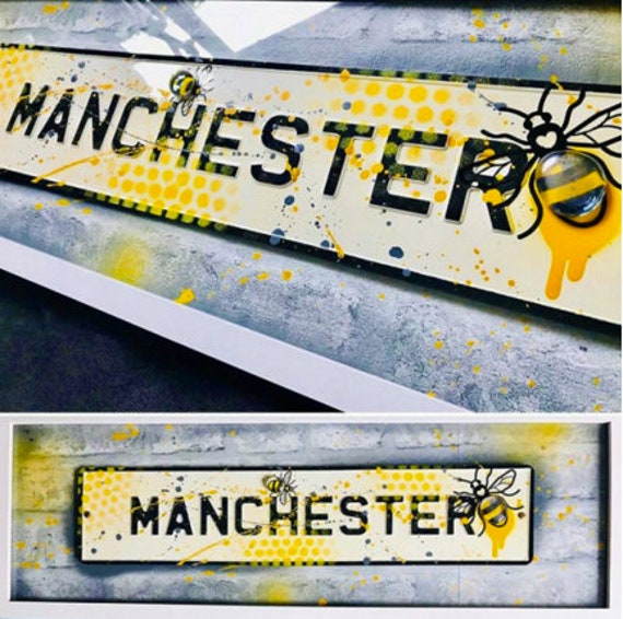 Manchester Love - Mixed Media Yellow and Grey pressed metal Sign