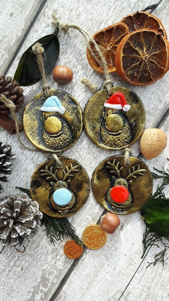 Father Christmas & Rudolph ceramic decorations with red or blue hat or nose