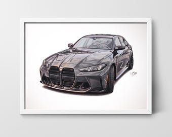 Ritratto di auto personalizzato da foto, disegno di auto a matita colorata disegnato a mano, regalo di anniversario personalizzato, regalo per amanti delle auto