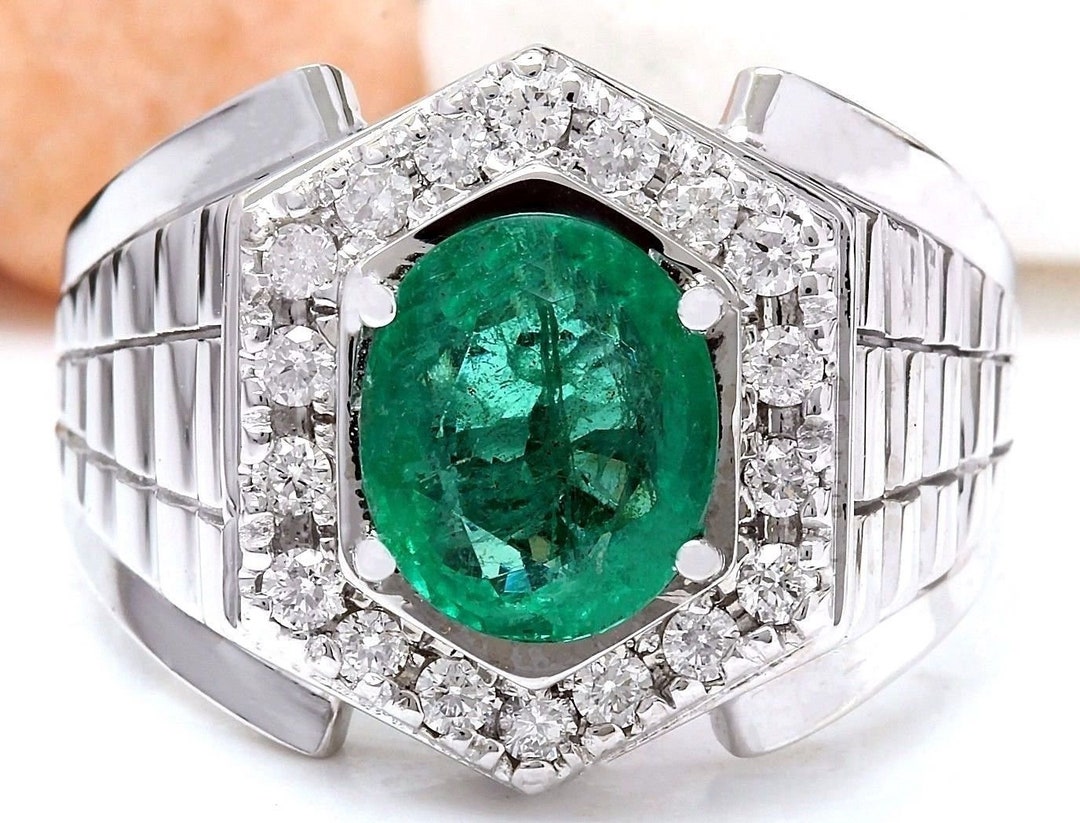 Emerald and Diamond Men's Ring in 14k White Gold - Etsy