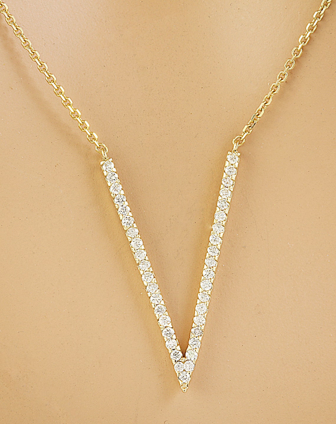 Diamond v Necklace in 14k Yellow Gold Etsy UK