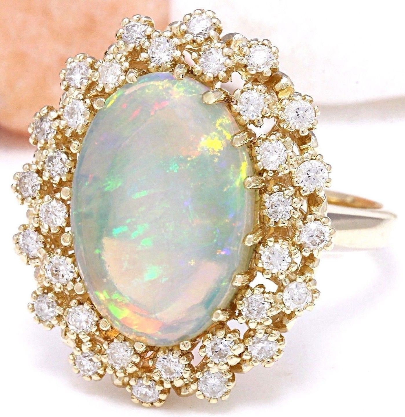 Opal and Diamond Ring in 14k Yellow Gold - Etsy