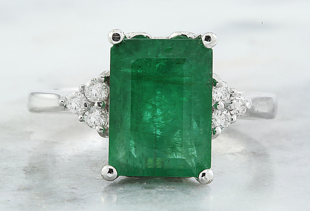 Emerald and Diamond Ring in 14k White Gold - Etsy