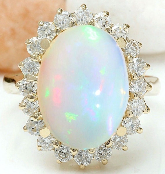 Opal and Diamond Ring in 14k Yellow Gold - Etsy