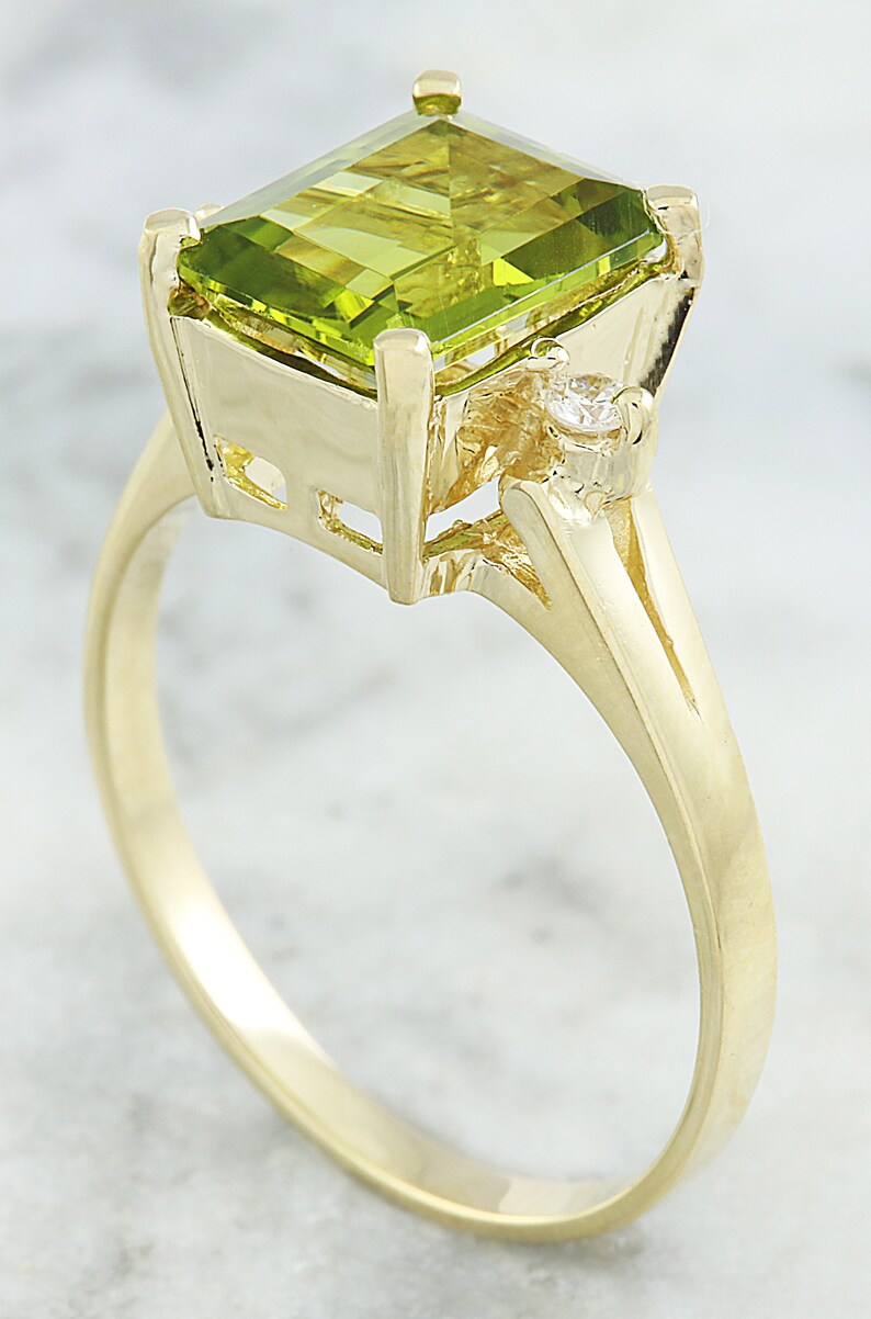 Peridot and Diamond Ring in 14k Yellow Gold Etsy
