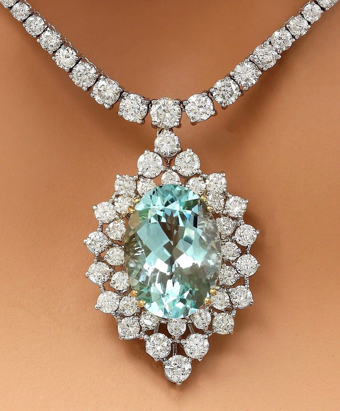 Aquamarine and diamond necklace with pendant in 14k white gold | Etsy