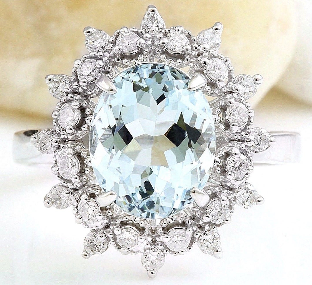 14K WHITE GOLD AQUAMARINE RING WITH DIAMONDS main image 1