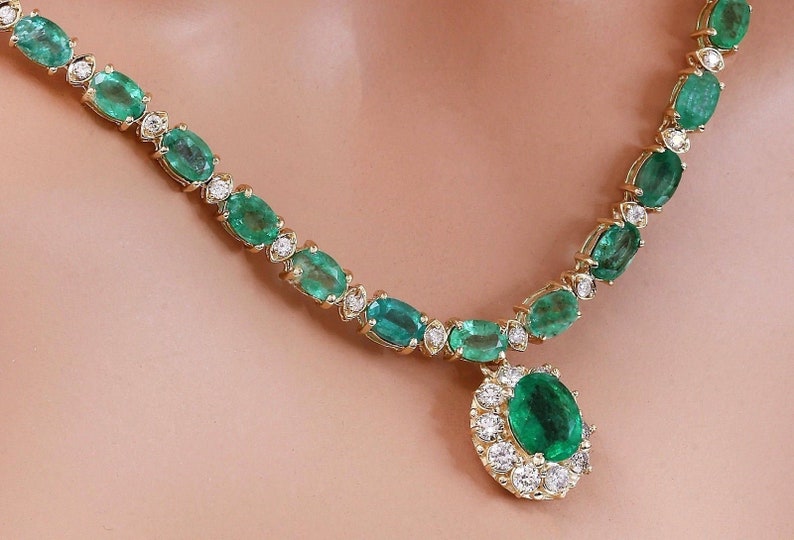 Emerald and Diamond Necklace With Pendant in 14k Yellow Gold - Etsy