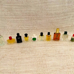 以下が含まれることがあります： 様々な形と色のミニチュア香水瓶のコレクション。透明、琥珀色、黒色のガラスで、ボトルは一列に並んでいます。シルバー、赤、または黒のキャップが付いているものもあります。ボトルはニュートラルカラーの布の表面にあります。