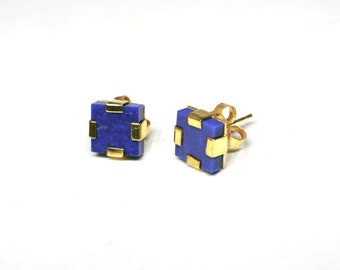 Gold Plated Silver Handmade Lapis Stud Earrings 925 Sterling Silver Hand Crafted squire Stud earrings 18kt Gold Plated Lapis Stud Earrings