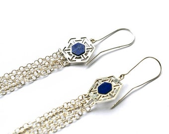 lapis lazuli earrings, hexagon lapis earrings, chandelier earrings, long earrings, lapis lazuli chandalier earrings, Silver Earrings