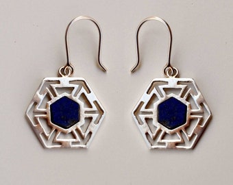 Silver Lapis Earrings, 925 silver lapis lazuli earrings, lapis earrings, hexagon earrings, pattern earrings, sterling silver earrings