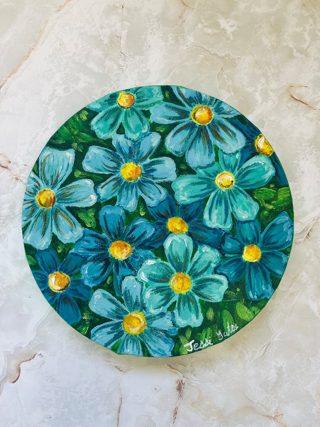 Blue Floral Acrylic Painting on Stretched Canvas, Round Canvas Flower
