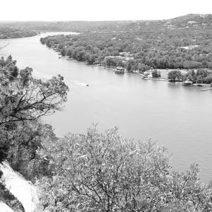 View from the Top of Mount Bonnell Austin Landmark Icon Hill Country River Wall Decor Wall Hangings Black and White Photography Office Decor