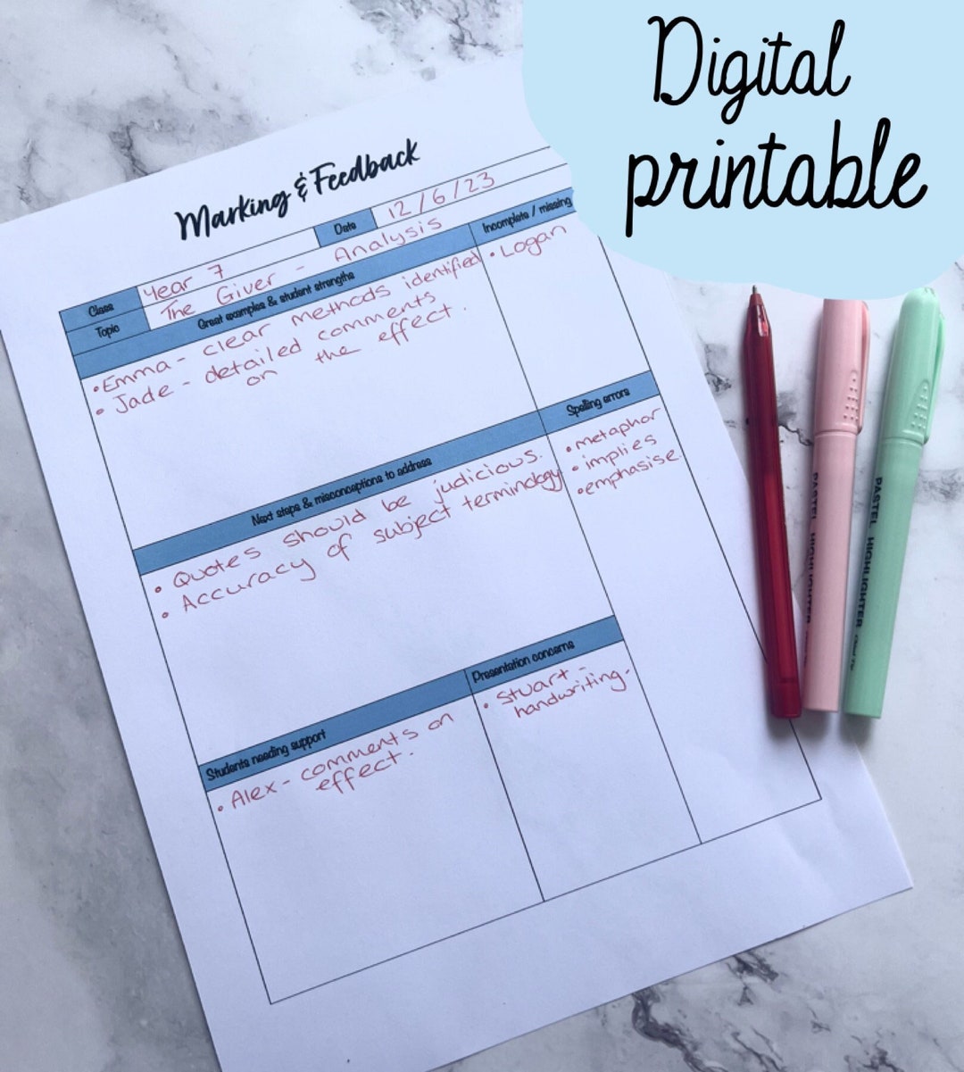 Marking and Feedback Notes Sheet - Digital Printable - Etsy