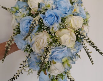 Sky Blue & White Rose Bridal Teardrop Bouquet