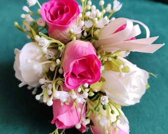 Ladies Pin-On Corsage in Fuchsia Pink and Ivory Cream with optional Pearl Accents.