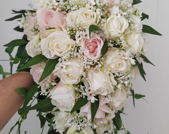 Luxury Blush Pink & Ivory Rose Cascade Teardrop with optional Rhinestone Diamantes or Pearls