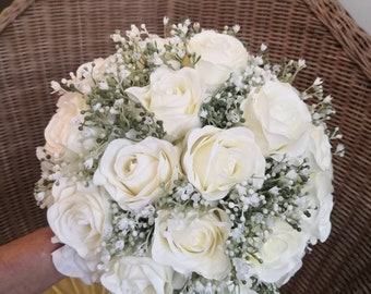 Classic Pale Ivory Rose Bridal Bouquet with Gypsophila and Hydrangea (optional Pearl or Rhinestone accents available).