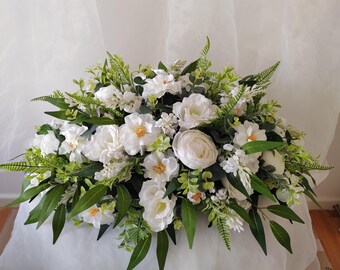 Quality Winter/Spring Artificial White Floral Graveside Arrangement/Memorial Tribute in Remembrance