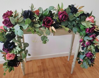 Burgundy Rose Wedding Table Garland: Blush Pink & Black Floral Decor