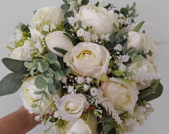 NEW Lucinda Ivory Rose Bridal Bouquet with Sage Foliage and Gypsophila