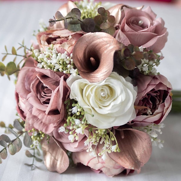 Beautiful Dusky Pink and Dusky Mauve Bridal Bouquet with Rose Gold Calla Lily