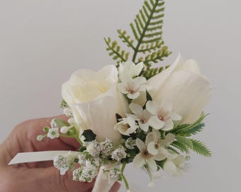 Ladies Classic Double Rose Corsage in Pale Ivory Cream (choice of colours)