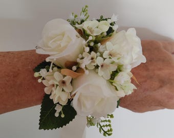 Ivory Bud Rose Wedding/ Prom Wrist Corsage with Wax Flowers