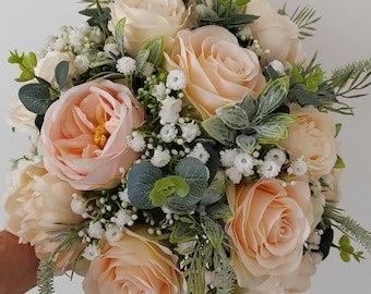 Rustic Peach Rose Bouquet: Champagne Cream Peony, Sage Greenery