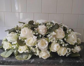 Ivory Rose & Peony Wedding Table Centerpiece, Long Low Floral Arrangement