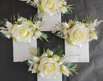 Ivory Rose Pocket Square Boutonniere: Sage Greenery Groomsmen Accessory