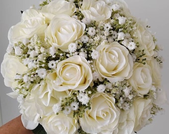 Ivory Rose Bridal Bouquet: Gypsophila and Hydrangea, Optional Pearl/Rhinestone