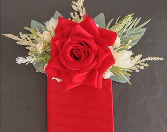 Red Rose & Sage Pocket Square Boutonniere: Grooms/Page Boy Flower