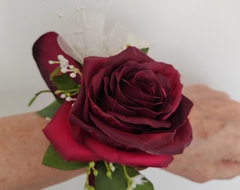 Burgundy Silk Rose Wrist Corsage: Ivory Bud Roses, Eucalyptus, Pearl Spray (Satin or Pearl). Available in any colour.