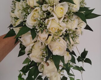 Tara Brides Ivory Rose Cascade Teardrop Bouquet with optional Ivory Pearls or Rhinestone Diamantes.