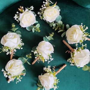 Ivory Rose Buttonhole: Faux Silk Eucalyptus Boutonniere, Bridal Hair Accessory, Wrist Corsage.