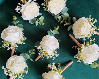 Ivory Rose Buttonhole: Faux Silk Eucalyptus Boutonniere, Bridal Hair Accessory, Wrist Corsage.